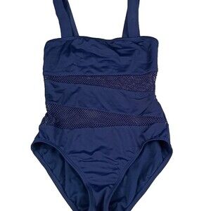 DKNY Mesh Effect Splice Maillot One Piece Swimsuit Navy Blue Size 6 Square Neck